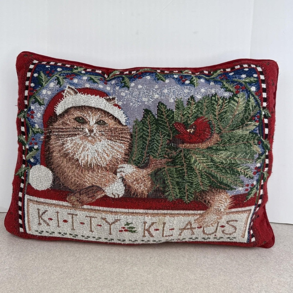 Vintage Embroidery Needlepoint Tapestry Christmas Kitty‎ Klause Cat Red Pillow